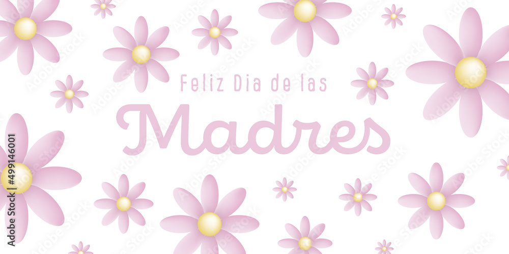 Spanish text : Feliz dia de las madres, with many pink blossoms on a white background