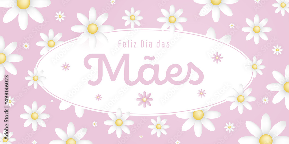 Spanish text : Feliz dia das maes, on an white oval frame with white blossoms on pink background Spanish text : Feliz dia das maes, on an white oval frame with white blossoms on pink background