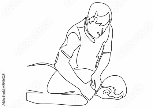 Relaxed woman getting back massage in spa with professional massage therapist. Wellness, healing and relaxation concept.Continuous one line