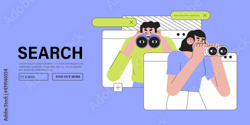 Man and woman look through binoculars. Business metaphore for search or research, development, web surfing and looking for new business or career opportunities. Trendy vector character illustration.