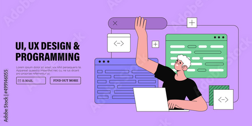 Web designer, programmer or freelancer work on web and ui application development usability, design or redesign on computer or device interface. Software developers and coding banner or landing page.