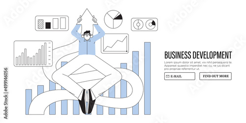 Stock market rebound, business growth, development and gain profit or leadership and achievement concept, businessman jump or fly high following rising up performance arrow graph.