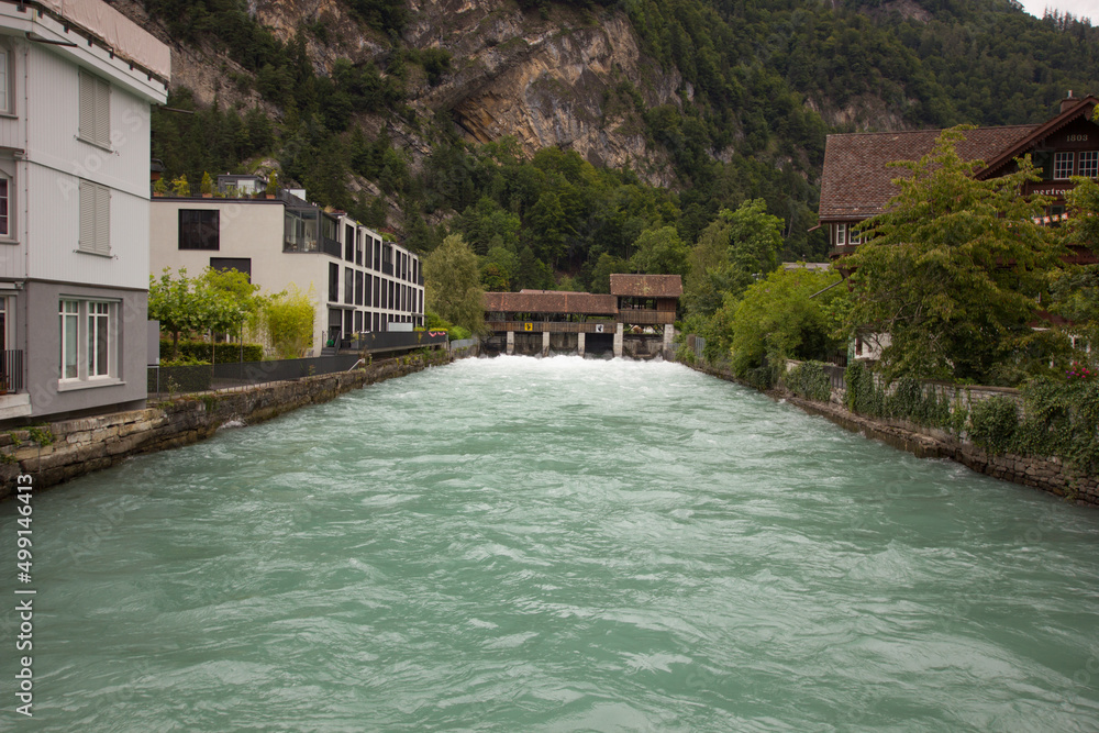 Aare river in the city of Unterseen in the bernese oberland