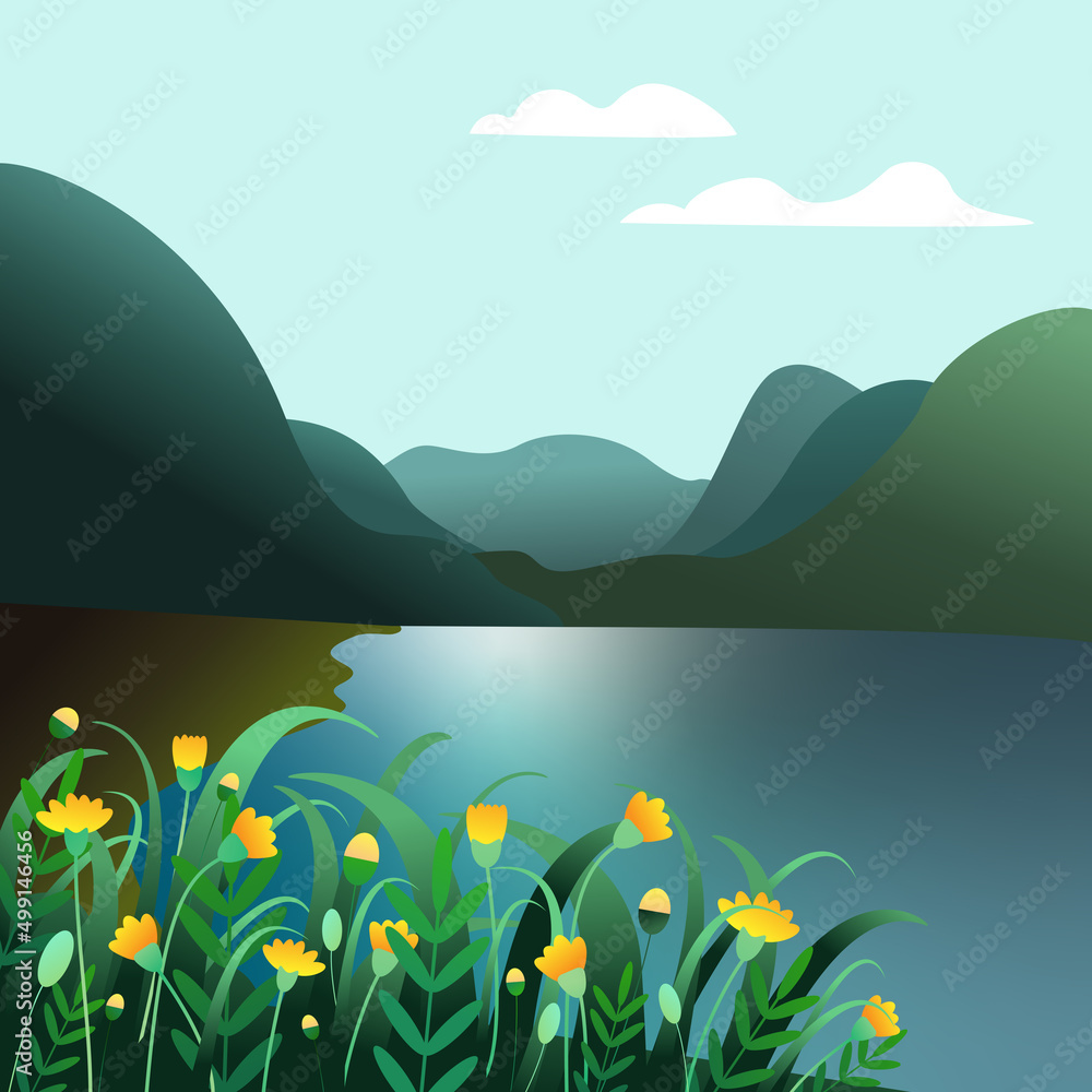 landscape with mountains and lake and flowers