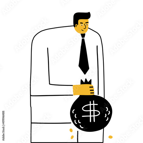 Businessman holding a money bag with dollar sign. Insidious character. Vector concept linear doodle hand drawn illustration. Black and yellow on white