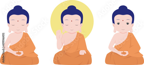 Buddha meditate posture with different gesture. Flat style vector illustration.