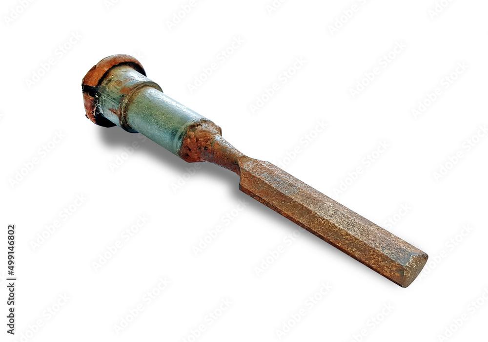 old rusty metal chisel on white background