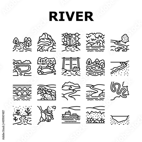 River And Lake Nature Landscape Icons Set Vector. River Mouth And Delta, Sea Shore And Pond In Forest, Aqueduct Construction And Dam. Waterfall And Water Reservoir Black Contour Illustrations