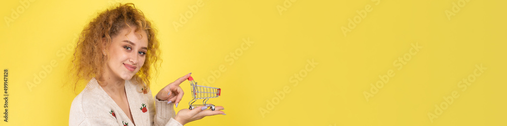 A young beautiful curly red-haired girl holds a food cart in her hands. Shopping concept. A young beautiful curly red-haired girl holds a food cart in her hands. Shopping concept.