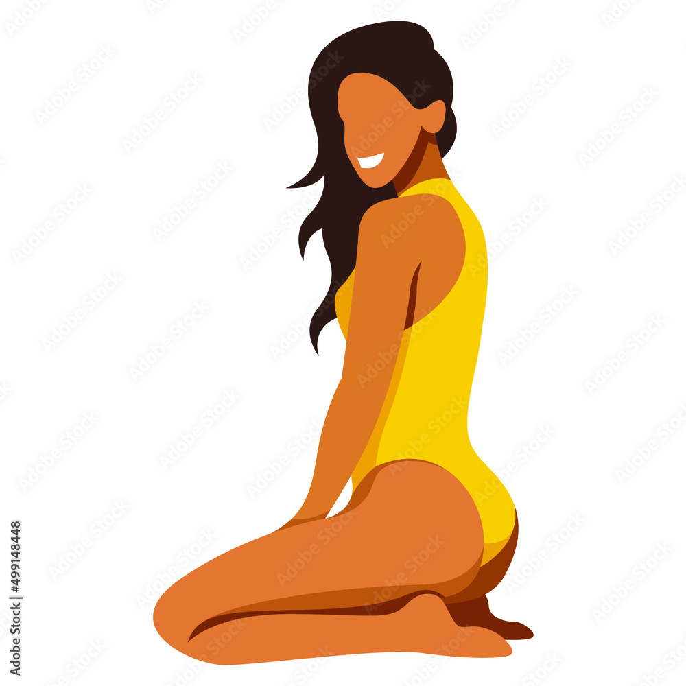 vector trendy illustration on the theme of summer holidays. a tanned girl in a yellow swimsuit sits on her knees on the beach isolated on a white background. useful for advertising summer vacations. vector trendy illustration on the theme of summer holidays. a tanned girl in a yellow swimsuit sits on her knees on the beach isolated on a white background. useful for advertising summer vacations.