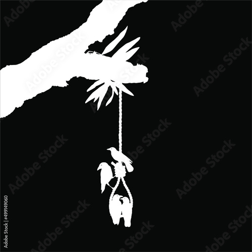 Gallows (Hanging Rope) on the Tree and Crow. Dramatic, Creepy, Horror, Scary, Mystery, or Spooky Illustration. Illustration for Horror Movie or Halloween Poster Element. Vector Illustration