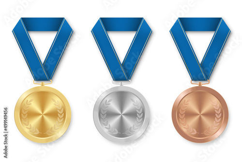 Golden silver and bronze award sport medal with blue ribbons