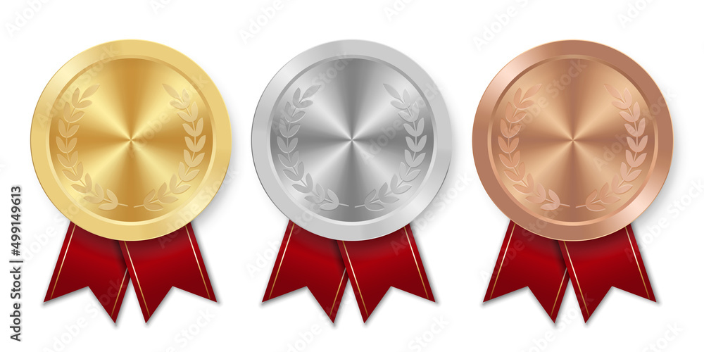 Golden silver and bronze award sport medal with red ribbons Golden silver and bronze award sport medal with red ribbons