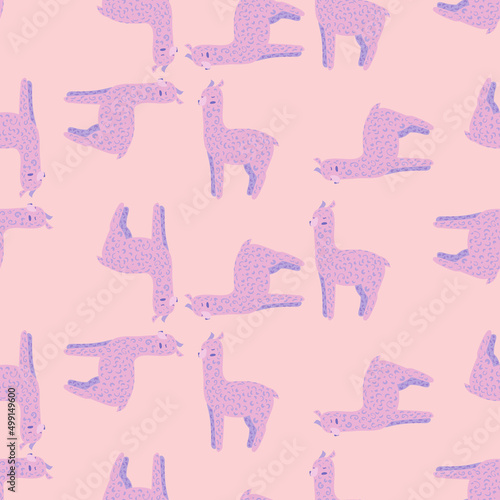 Cheerful alpaca seamless pattern. Background with funny llama in doodle style for fabric.