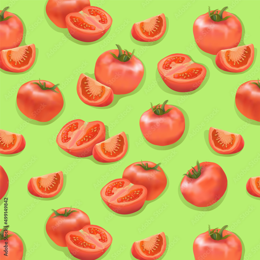 The pattern is seamless. Ripe bright orange tomatoes and tomato slices on a green background in vector. Realism in the vector. Easy realism in the vector. Vegetables and healthy food. The pattern is seamless. Ripe bright orange tomatoes and tomato slices on a green background in vector. Realism in the vector. Easy realism in the vector. Vegetables and healthy food.
