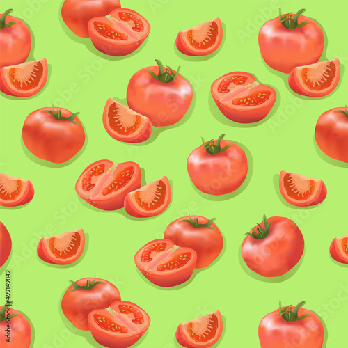 The pattern is seamless. Ripe bright orange tomatoes and tomato slices on a green background in vector. Realism in the vector. Easy realism in the vector. Vegetables and healthy food.