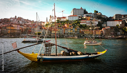 Rabelo boat in front of the Ribeira in the city of Oporto, north of Portugal
