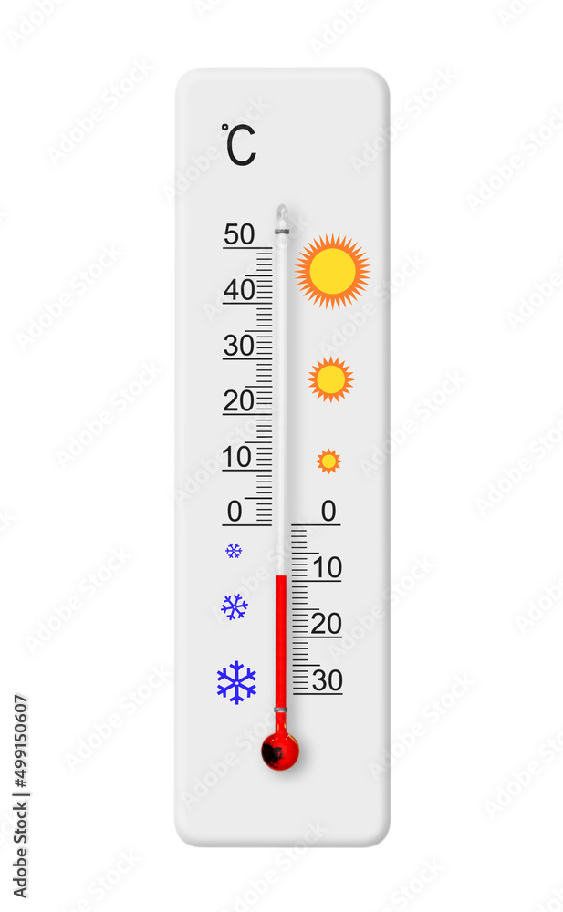 Celsius scale thermometer isolated on white background. Ambient temperature minus 9 degrees Celsius scale thermometer isolated on white background. Ambient temperature minus 9 degrees