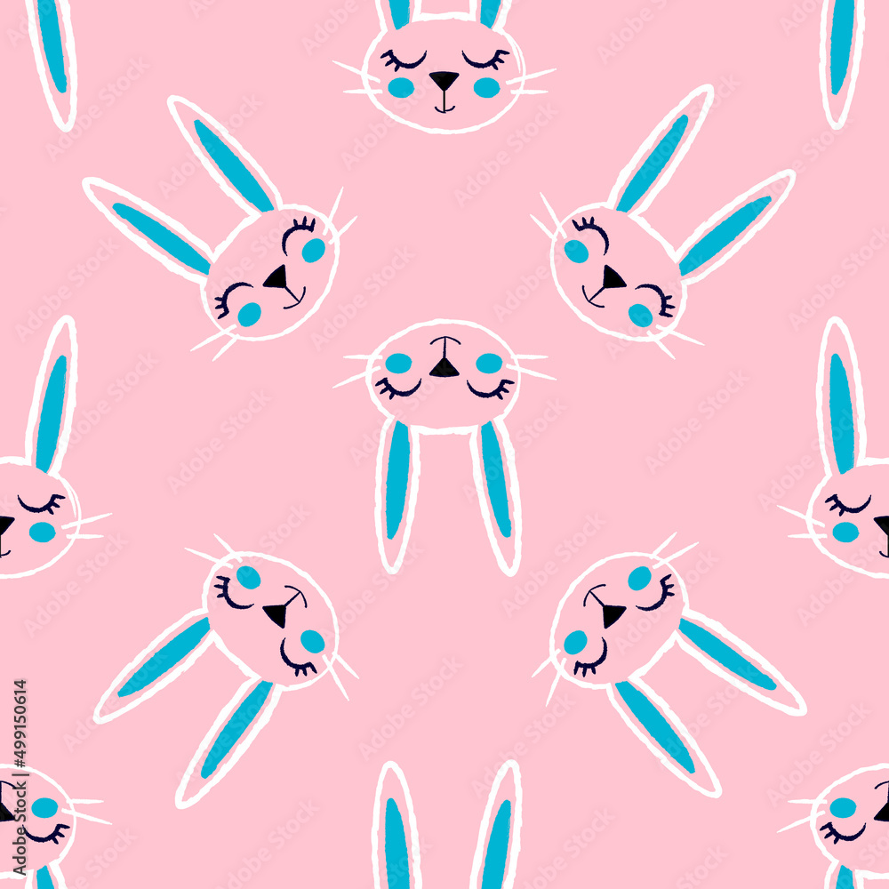 Seamless pattern with cute baby rabbit faces on a pink background. Rabbit ears. Easter. Hand-drawn design for fabric, backgrounds, wrapping paper. Doodle, cartoon style. Seamless pattern with cute baby rabbit faces on a pink background. Rabbit ears. Easter. Hand-drawn design for fabric, backgrounds, wrapping paper. Doodle, cartoon style.