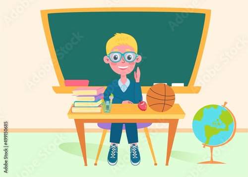 School boy in class with a blackboard, back to school concept, cute characters. Vector illustration in flat style