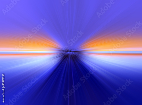 Abstract radial zoom blur surface of lilac, dark blue and orange tones. Bright lilac blue background with radial, radiating, converging lines. 