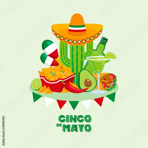 Cinco de Mayo Mexican holiday with Mexican food and drink vector. Mexican culture icon set vector. Cinco de Mayo Poster, May 5. Important day