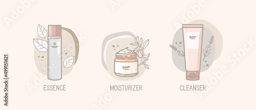 Hand-drawn vector illustration. Cosmetic packaging and abstract background, pastel colors. Leaves, flowers, sprigs of lavender. Outline drawing. Facial tonic, moisturizer, cleansing balm. Icon design.