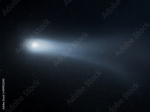 Comet approached the Earth. Nucleus and tail of a comet in the night sky with stars. Astronomical photography.
