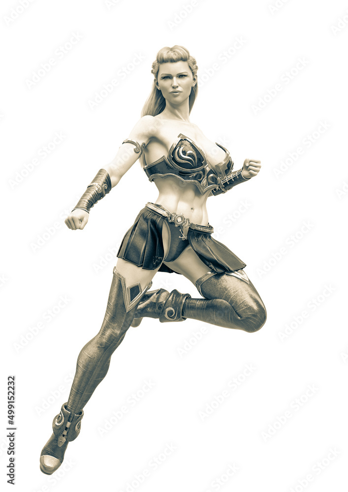 superheroine floating in white background