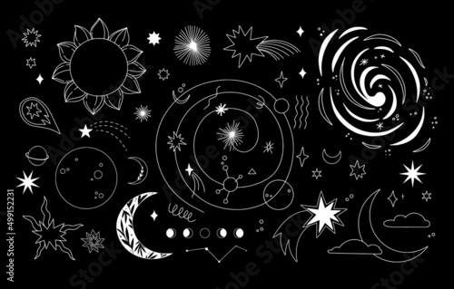 Outline vector illustrations - Universe signs. Linear planets with satellites, stars and other signs. Space and galaxy. Perfect for logo, card, print, branding, stickers