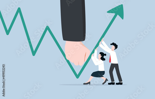 Retail investors cooperatively fight high net worth fund groups or short sellers, wins by individual investors concept. Tiny investors collaborating to rise up graph after fell down by giant fist.