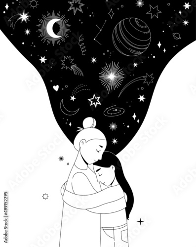 Simple linear vector illustration - girl, mother and space (hand drawn planet, star, sun). Meditation and friendship. Open your mind. Mindset. Perfect for blogs, articles, web, cards