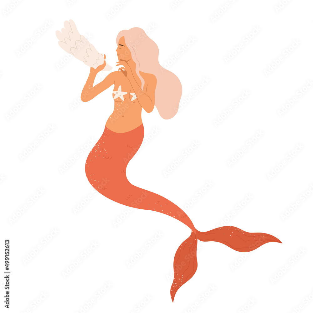 Beautiful young mermaid with red fish tail, starfish bra and sea shell