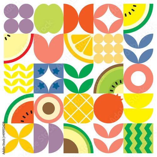 Geometric summer fresh fruit cut artwork poster with colorful simple shapes. Scandinavian styled flat abstract vector pattern design. Minimalist illustration of fruits and leaves on white background.