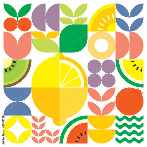 Geometric summer fresh fruit cut artwork poster with colorful simple shapes. Scandinavian style flat abstract vector pattern design. Minimalist illustration of a yellow lemon on a white background.