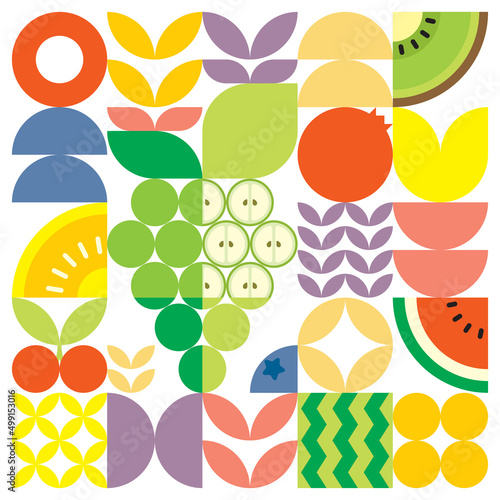 Geometric summer fresh fruit cut artwork poster with colorful simple shapes. Scandinavian style flat abstract vector pattern design. Minimalist illustration of a green grapes on a white background.