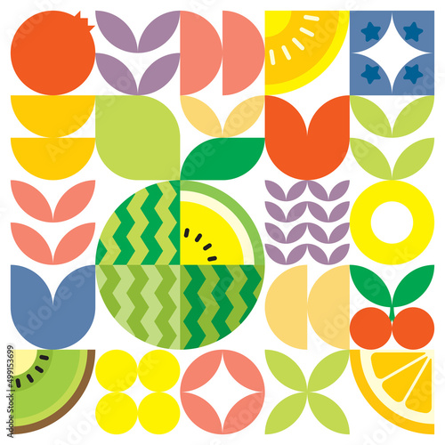 Geometric summer fresh fruit artwork poster with colorful simple shapes. Scandinavian style flat abstract vector pattern design. Minimalist illustration of a yellow watermelon on a white background.