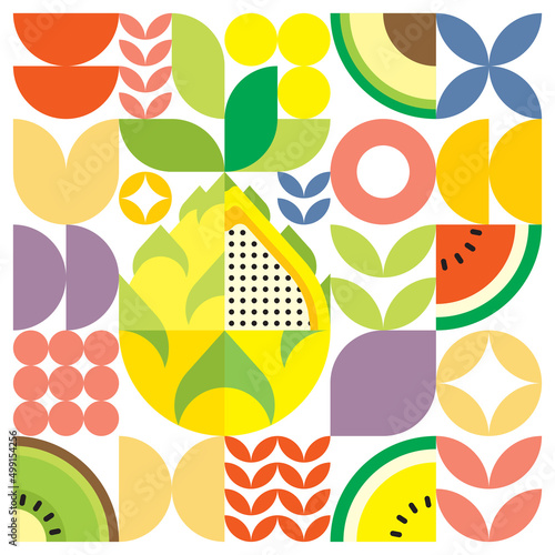 Geometric summer fresh fruit artwork poster with colorful simple shapes. Scandinavian style flat abstract vector pattern design. Minimalist illustration of a yellow dragon fruit on a white background.