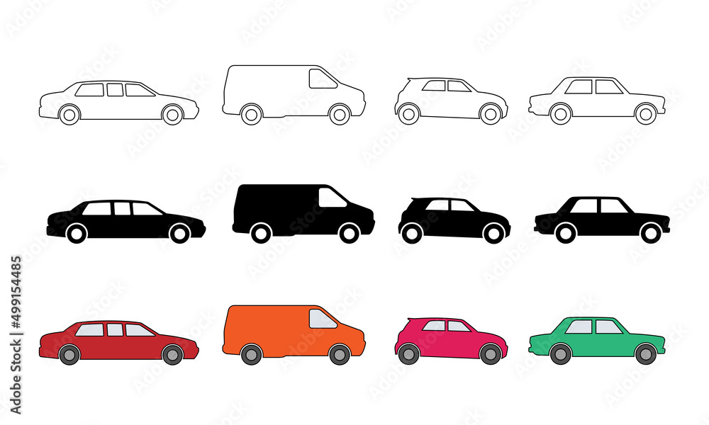 Side view car icon collection on outline style. Various silhouette car symbol. Suitable for design element of transportation infographic and automotive traffic banner.