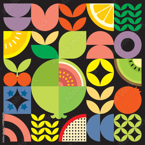 Geometric summer fresh fruit cut artwork poster with colorful simple shapes. Scandinavian style flat abstract vector pattern design. Minimalist illustration of a red guava on a black background.