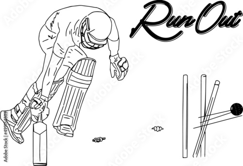 Outline sketch drawing of Run Out Scene of cricket batsman, Line art Illustration of cricket batsman doing running, Cricket Vector silhouette photo