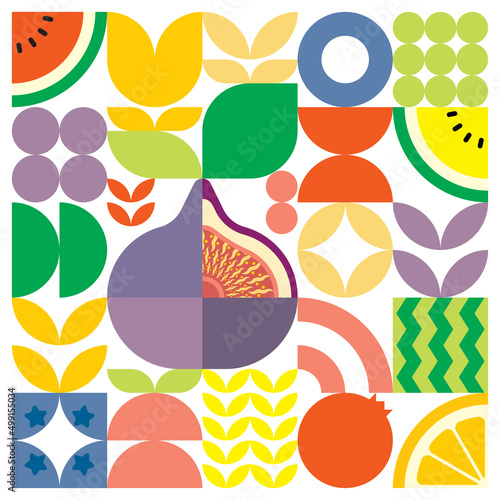 Geometric summer fresh fruit cut artwork poster with colorful simple shapes. Scandinavian style flat abstract vector pattern design. Minimalist illustration of a purple figs on a white background.