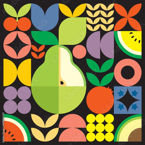 Geometric summer fresh fruit cut artwork poster with colorful simple shapes. Scandinavian style flat abstract vector pattern design. Minimalist illustration of a green pear on a black background.