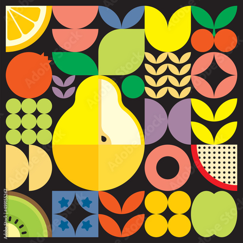 Geometric summer fresh fruit cut artwork poster with colorful simple shapes. Scandinavian style flat abstract vector pattern design. Minimalist illustration of a yellow pear on a black background. photo