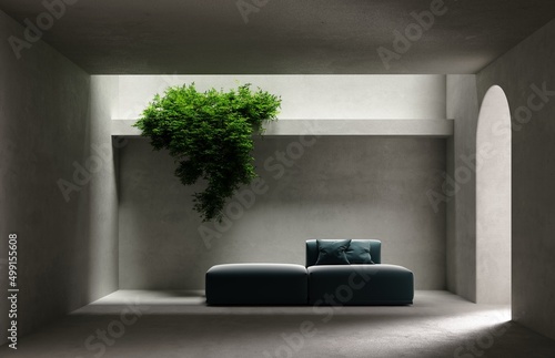 Obraz na płótnie 3d rendering of a concrete room with an entrance archway and a large sofa with p