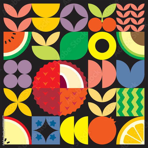Geometric summer fresh fruit cut artwork poster with colorful simple shapes. Scandinavian style flat abstract vector pattern design. Minimalist illustration of a red lychee on a black background.