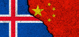 China and Iceland. Flags background. Concept of politics, economy, culture and conflicts, war. Friendships and cooperation. Painted on concrete walls banner photo