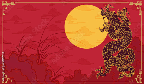 oriental dragon chinese japan korean traditional style solid red cloud orchid moon pattern © pil