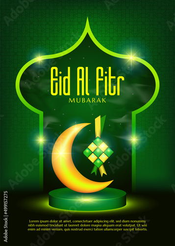 Illustration of podium crescent moon and light ketupat for Eid in Islamic style