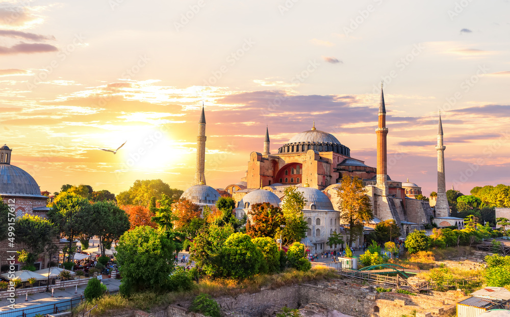Famous Hagia Sophia of Istanbul, sunset view, Turkey